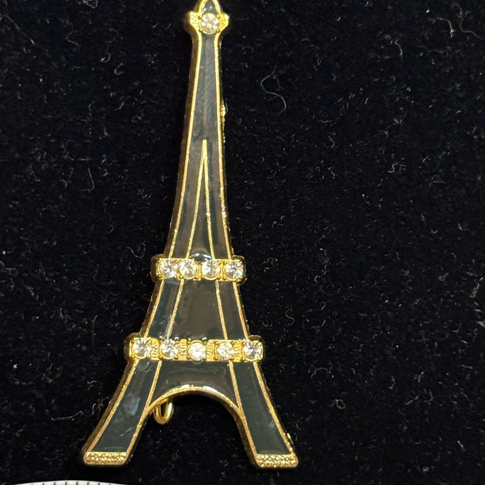 Vintage Paris France Gold and Black Eiffel Tower Brooch with Rhinestones